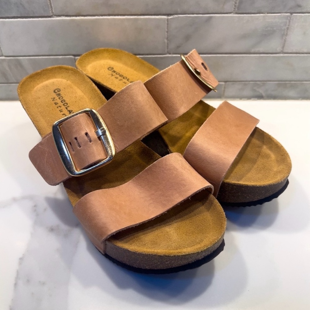 Chocolate Blu | Natural Cork Wedge Sandals | Size 5.5 (runs large!)